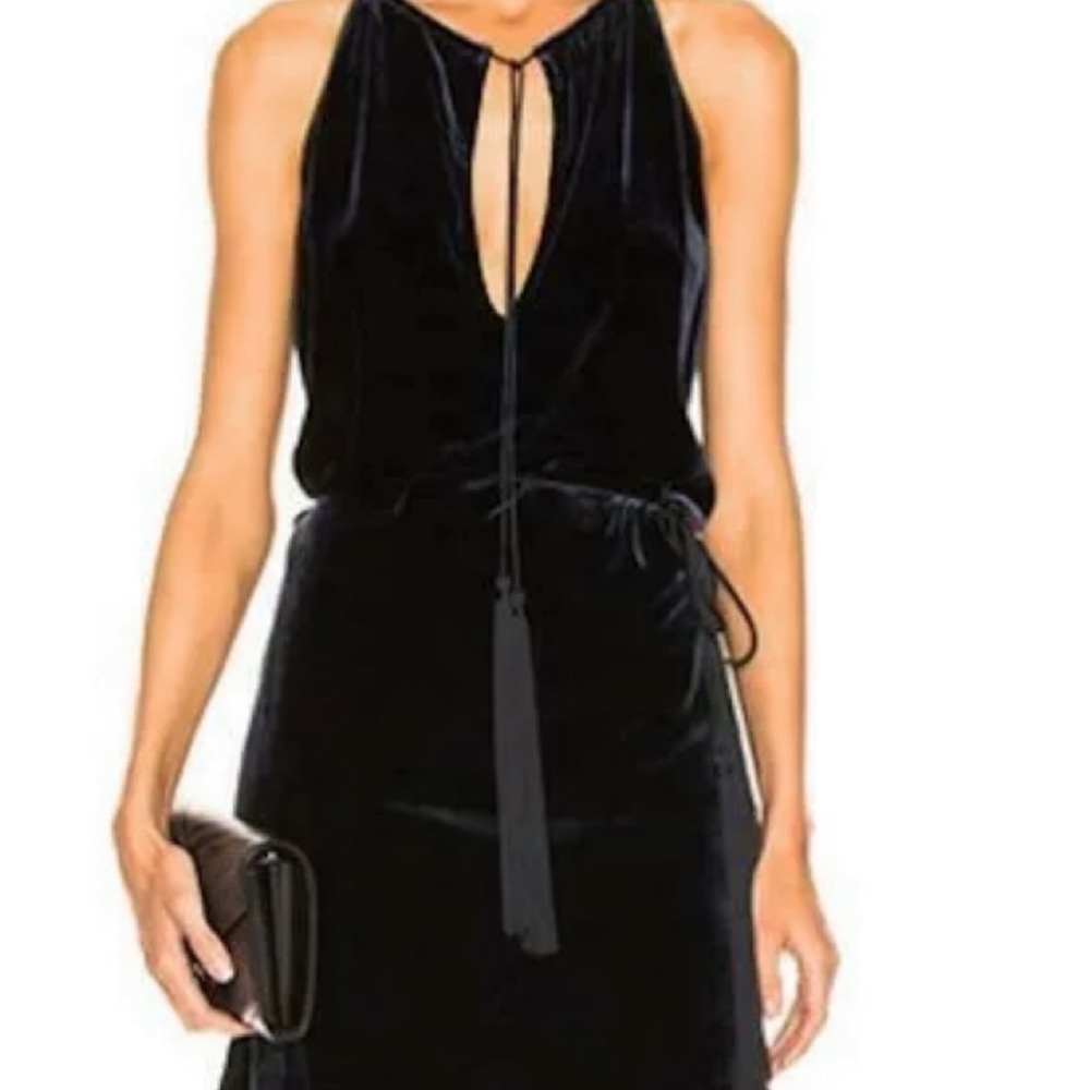 Nili Lotan, 100%silk dress. Tassels drawstring at neck. String belt w/tassels